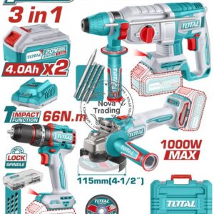 TOTAL 3pcs Cordless, Brushless Set: Angle Grinder, Rotary Hammer & Impact Drill